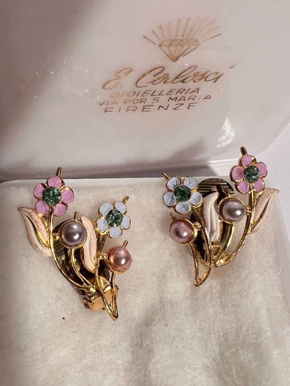 Vintage Italian E. Calosci Firenze Floral Clip-On Earrings Enamel Faux Pearl